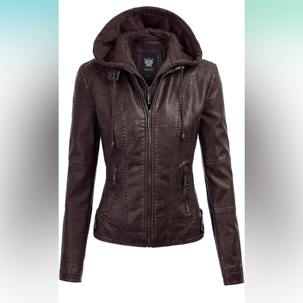 Lock and Love Women's Faux Leather Moto Biker Jacket Coat with Removable Hood